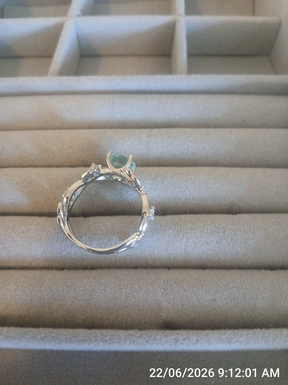 Sterling Silver Floral Ring with Light Green Center Stone - Picture 4 of 5